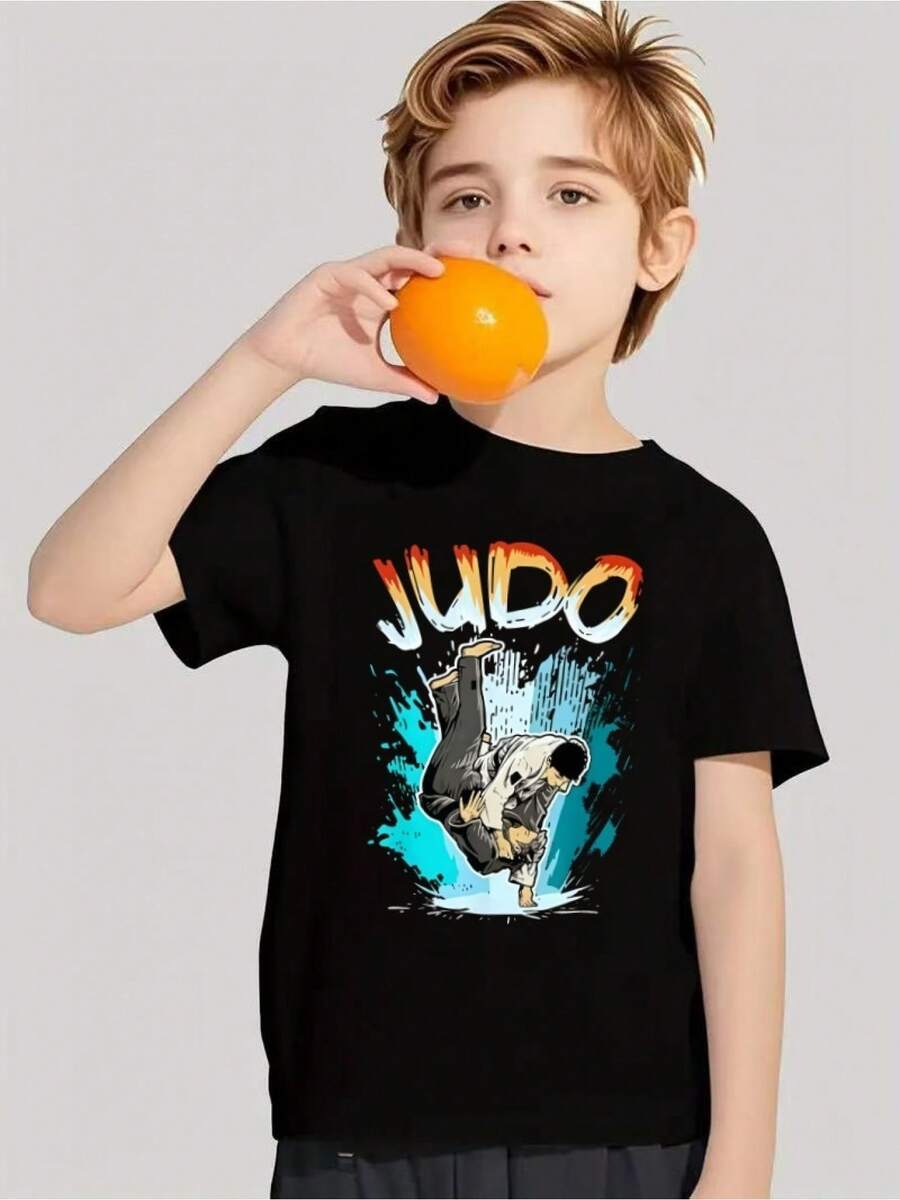 Camiseta de Cuello Redondo con Estampado de Judo para Niños, Transpirable y de Secado Rápido, Lavable a Máquina, Adecuada para Múltiples Ocasiones, Usable en Todas las Estaciones. - Negro - Ver 1