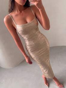 Vestido de verano largo ajustado con tirantes finos, abertura, acanalado metálico sexy tipo vendaje para mujer, elegante vestido de cóctel dorado para fiesta nocturna - Dorado - Ver 4