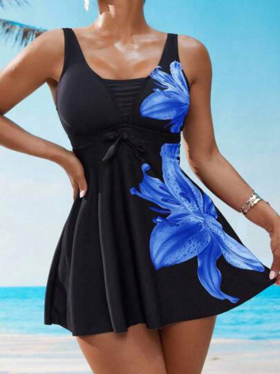 Conjunto de falda y shorts de baño de verano para mujer con estampado tropical de plantas para vacaciones en la playa - Azul - Ver 1