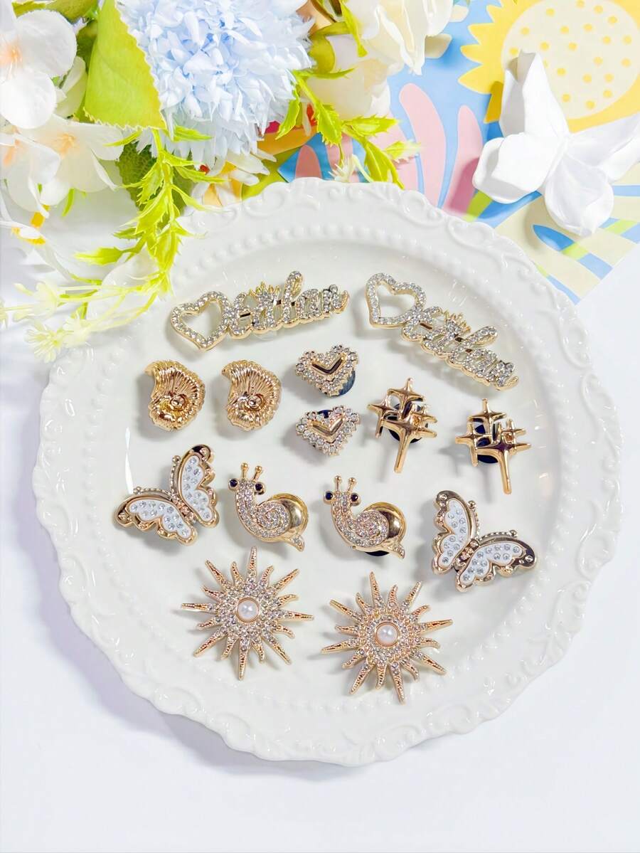 20件組花園鞋飾品，金色可拆卸鞋飾－字母、太陽、蝸牛、貝殼、蝴蝶，樹脂材質優雅亮麗多功能鞋飾，適用於打孔拖鞋、涼鞋、包包，生日派對禮物 - 金色 - 查看 1