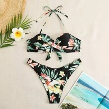 Bikini Dos Piezas Negro Halter Desmontable, Sujetador Bandeau con Fruncido Cruzado en el Bust, Braguita Corte Alto para Playa y Piscina - Nuevo bikini estampado transfronterizo - Ver 1