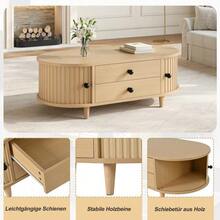 Table basse ronde avec portes enroulables, table basse à 2 tiroirs, table d'appoint, table de salon en MDF, console avec pieds en bois massif, 100 * 50 * 36 cm, charge maximale 50 kg - Bois naturel - Voir 8