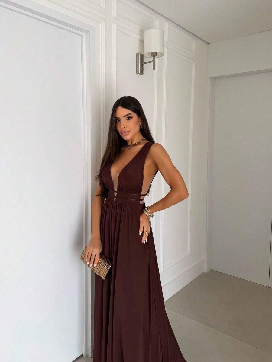 Elegant Women's Long Party Dress With Deep Neckline, Perfect For Bridesmaids, Weddings, Graduations, And Luxury Events. - 鏽棕色 - 查看 1