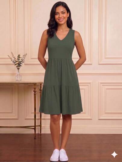 Pradella Vestido Tres Marias Casual em Malha Macia, Decote V, Sem Mangas, Caimento Fluido na Altura do Joelho – Confortável para Dia a Dia, Passeios e Trabalho