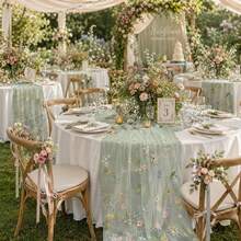 Juego de 3 piezas de camino de mesa transparente con bordado floral (29.5 X 71 pulgadas, verde salvia/champán/blanco), mantel de estilo granja con flores, adecuado para uso diario, vacaciones, bodas, hoteles, fiestas de cumpleaños, decoración del hogar, camping y picnic, todas las estaciones - Camino de mesa de tul bordado con flores silvestres - Ver 5