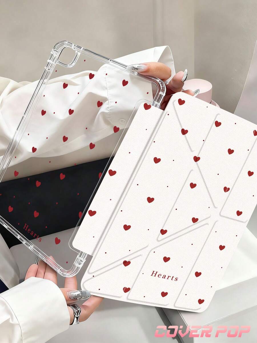 Minimalist Red Hearts & Polka Dots Pattern Tablet Case Compatible With IPad 10th Generation, 9.7/10.2/10.5/10.9/12.9/Pro 11, Compatible With Samsung Galaxy Tab S6 Lite 10.4-Inch, Compatible With Kindle Paperwhite 12th Gen 2024, Kindle (11th Generation-2024 Release), Auto Wake/Sleep,Y-Shape Folding Tablet Cover With Multiple Viewing Angles, Y2K Style & Spring Romance.