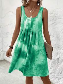 Vestido casual sin mangas holgado, cuello redondo con estampado tie-dye, talla plus para mujer - Morado - Ver 5