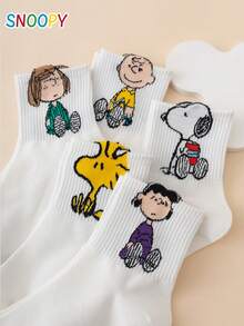 5雙 SNOOPY 系列正版 Charlie Brown 小狗字母圖案趣味卡通女款中筒襪 - 彩色 - 查看 5
