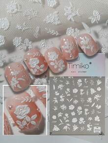 1pc Minimalist Pure White Embossed Floral 6D 3D Nail Art Sticker, Full Coverage Raised White Roses, Lilies, Branches And Vines With Handwritten Cursive English, Clean Matte White, Transparent Base Film, Suitable For Cool Commute Nude Nails, Bridal Wedding Looks, High-End Minimalist Salon Creations, Ideal For Office Workers, Brides, Nail Art DIY Enthusiasts Who Love Elegant Atmosphere And Light Vintage Floral Style - White - View 1