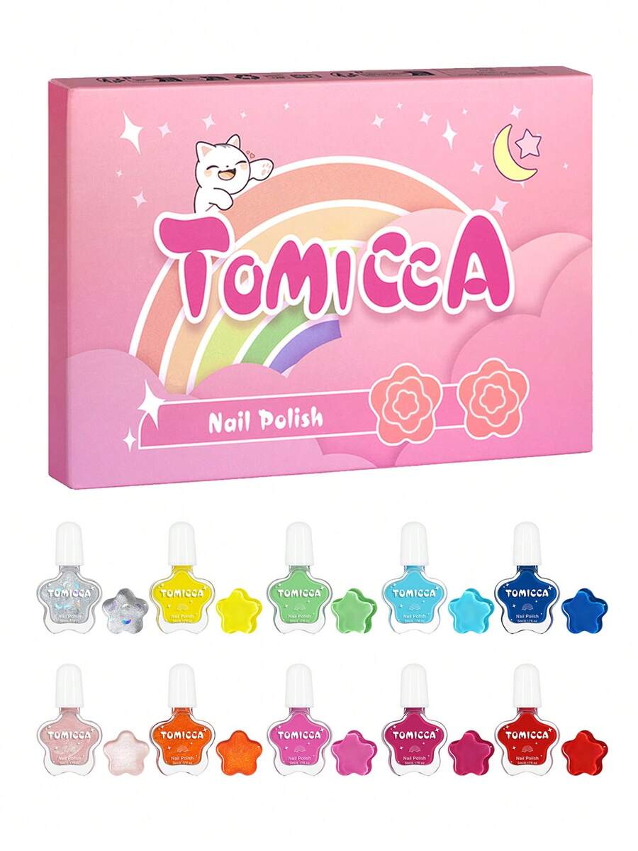 TOMICCA 5ml 10pcs Quick Dry Water-Based Colorful Nail Polish, Easy To Remove And Non-Damaging To Nails, Suitable For Beginners Home DIY, Nail Salon Or Gift