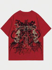 Camiseta unisex roja de cuello redondo, con diseño gótico de calavera, cruz, raíz retorcida, letras peligrosas, estilo grunge punk, ropa de calle casual de manga corta. - Rojo - Ver 1