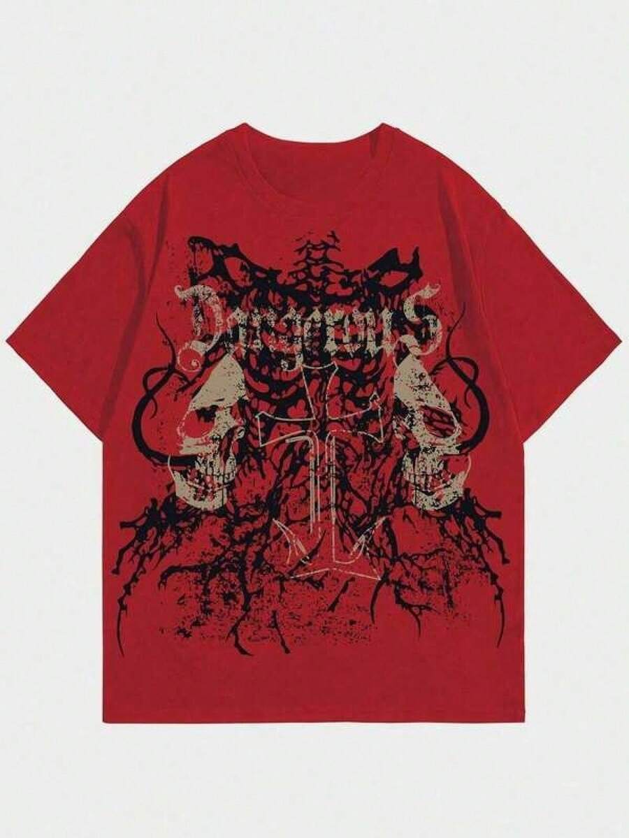 Camiseta unisex roja de cuello redondo, con diseño gótico de calavera, cruz, raíz retorcida, letras peligrosas, estilo grunge punk, ropa de calle casual de manga corta. - Rojo - Ver 1