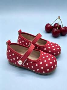 1 Pair Girls 3-13,Red White Polka Dot Single Strap Mary Jane Flats, Pearl Decor Kids Cloth Shoes, Soft Non-Slip Sole For Daily, Wedding & Photo Shoots - Red - View 7