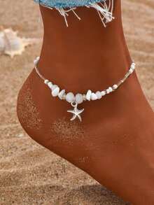 2pcs/Set Bohemian Starfish Pendant Beaded Anklets, Turquoise Shell Stone Layered Women's Foot Jewelry, Summer Beach Vacation Accessories (Random Arrangement Of Crushed Stone And Rice Beads) - Multicolor - View 3