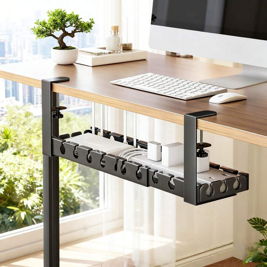 No Drill Metal Under Desk Cable Tray, Adjustable Length Heavy Duty Wire Management Organizer With Power Strip Holder, Hidden Cable Channel Cord Clamp, Cable Hider For Standing Desk Office Home Bedroom, Black & White - Black - View 1