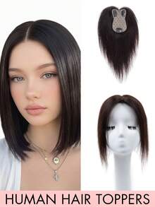 女用真人髮頂部髮片，無瀏海 360° 3D 真人髮，適用於頭髮稀疏、灰髮、脫髮，增加髮量，附 3 個髮夾底座 - Natural Black - 查看 1