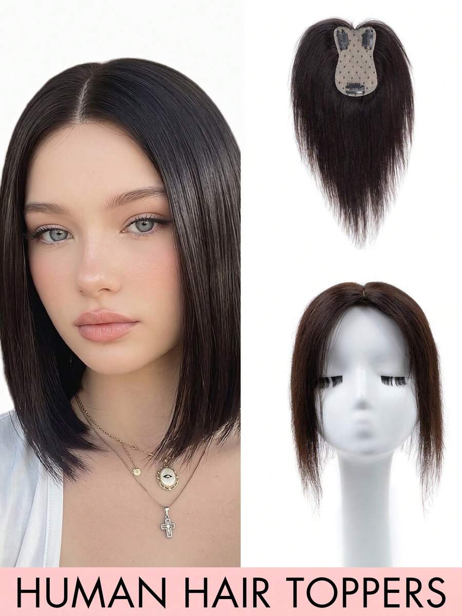 女用真人髮頂部髮片,無瀏海 360° 3D 真人髮,適用於頭髮稀疏、灰髮、脫髮,增加髮量,附 3 個髮夾底座 - Natural Black - 查看 1
