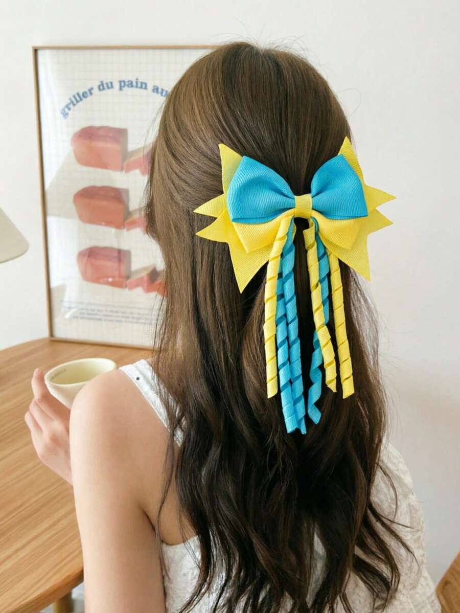 2 pièces/Set Pinces à cheveux nœud ruban étoile, pinces à cheveux à franges bouclées, convient aux adolescentes, accessoires de compétition de pom-pom girl, pinces à cheveux décontractées quotidiennes cadeau - Multicolore - Voir 1