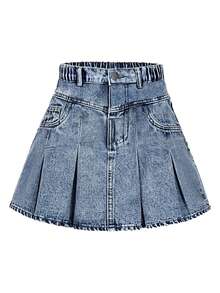 Teen Girl Fashion Pleated Slant Pocket Casual Denim Mini Skirt - Blue - View 1