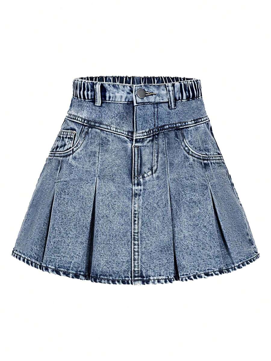 Teen Girl Fashion Pleated Slant Pocket Casual Denim Mini Skirt - Blue - View 1