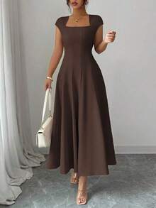New And Elegant Long Dress With Short Sleeves And Square Neck. - Coffee - View 1