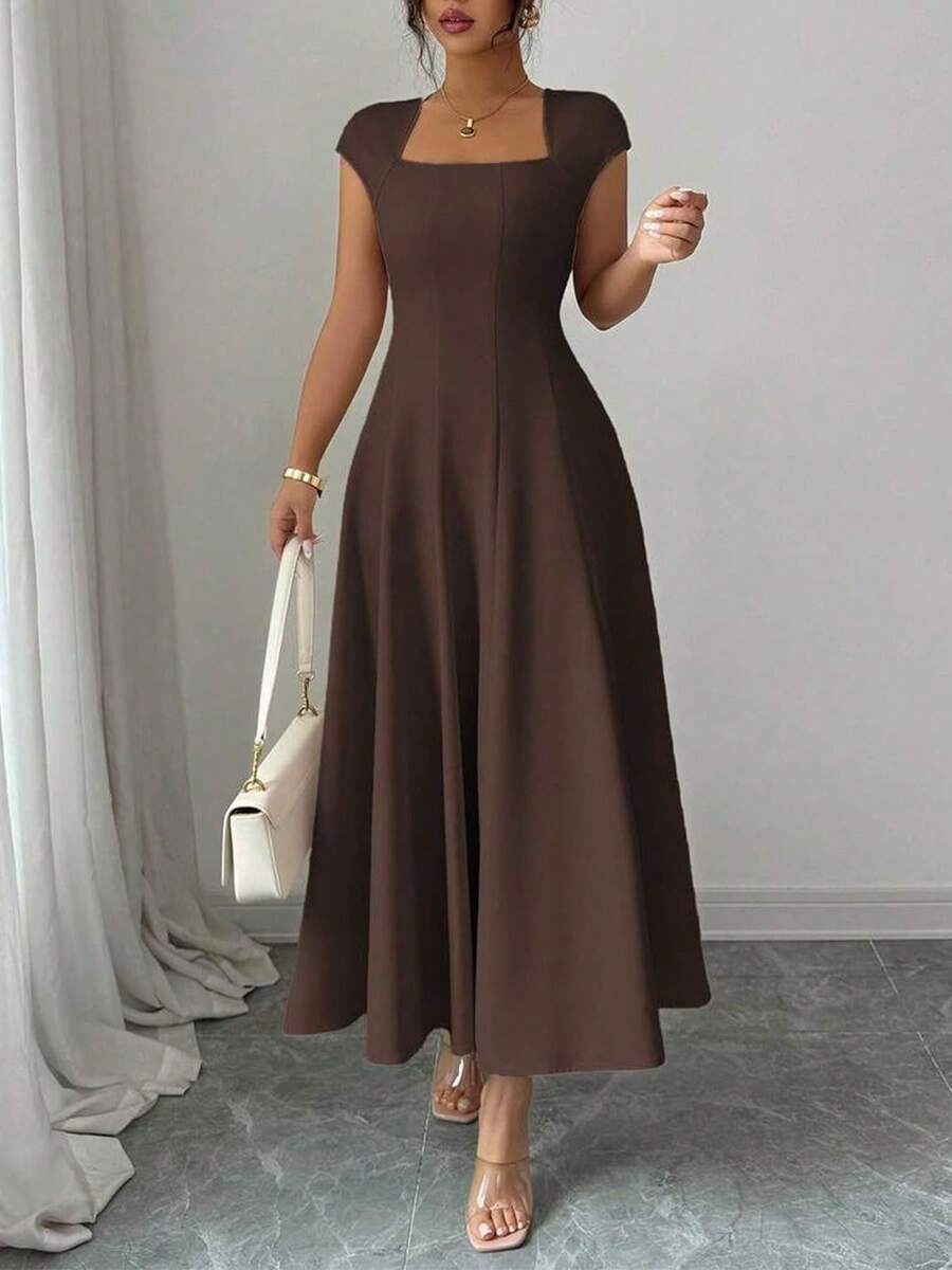 New And Elegant Long Dress With Short Sleeves And Square Neck. - Coffee - View 1