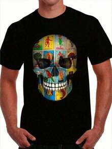 Camiseta de Hombre con Estampado de Calavera de Lotería Mexicana 1Pc 180G 100% Algodón Digital Estampado - Negro - Ver 1