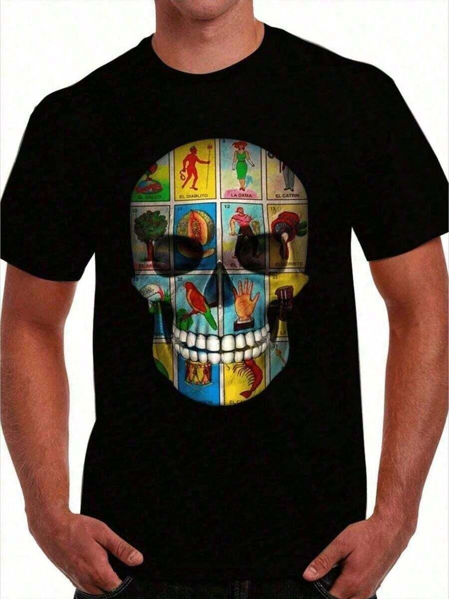 Camiseta de Hombre con Estampado de Calavera de Lotería Mexicana 1Pc 180G 100% Algodón Digital Estampado - Negro - Ver 1