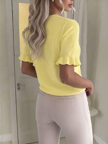 Plus Size Women's Spring And Autumn Collection Solid Color Round Neck Ruffle Edge Tie Short Sleeve Casual Simple Loose Wool Knit Top - Yellow - View 6