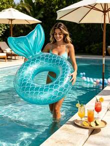 Anillo inflable de natación con cola de sirena, anillo de natación con patrón de escamas, adecuado para fiestas de verano en la playa y la piscina - Multicolor - Ver 7