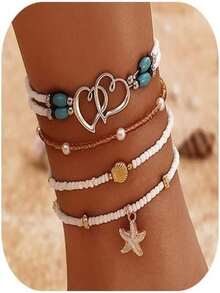 /piezas de pulseras de tobillo bohemias con cuentas de concha, elásticas ajustables con dijes de estrella de mar, joyeríde playa en capas para mujer, para usar en vacaciones de verano. - T4H - Ver 8