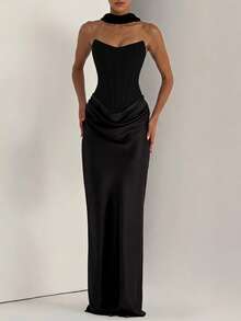 Elegantes ärmelloses langes Kleid aus Strickstoff mit trägerlosem Ausschnitt und elegantem plissiertem Rock für formelle Anlässe, Hochzeiten, Schwarz, Herbst - Schwarz - Übersicht 9
