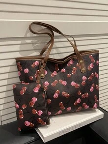 1件女款休閒通勤包，大容量新款極簡百搭單肩包，時尚小眾設計壓紋托特包，舒適獨特肩帶，適合大學生上課/購物/出遊/商場逛街/約會/度假 - 黑色 - 查看 12