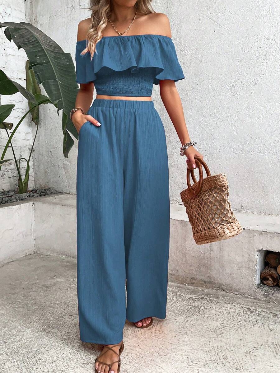 Ins, Blogger Favorite: Off-The-Shoulder Ruffle Crop Top + Wide-Leg Pants With Pockets And High Waist - Blue - View 1