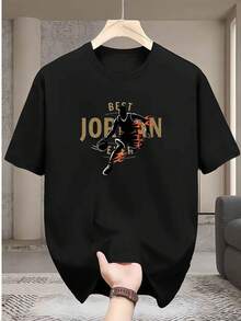 Men's Crew Neck T-Shirt, Casual And Fashionable, With Basketball Player Dribbling Silhouette With Flames, "Best Ever" Letter Print, Men's Fashion, For Adult Men - 黑色 - 查看 1