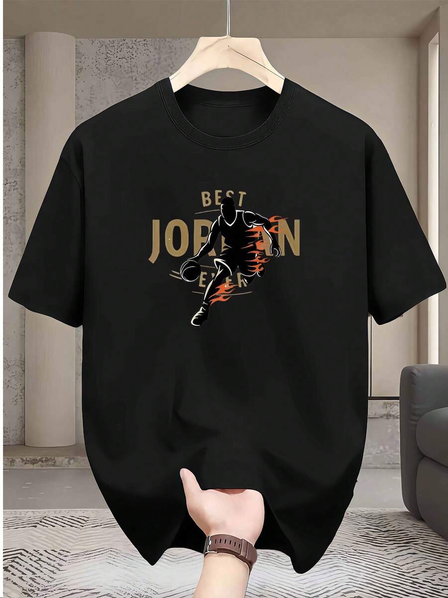 Men's Crew Neck T-Shirt, Casual And Fashionable, With Basketball Player Dribbling Silhouette With Flames, "Best Ever" Letter Print, Men's Fashion, For Adult Men - 黑色 - 查看 1