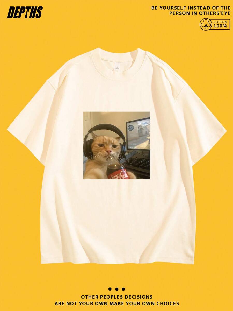 Round Neck T-Shirt With Creative And Fun Cartoon Design, Summer Fashion, Short Sleeve, Casual Style For Daily Outings - 酒紅色 - 查看 1