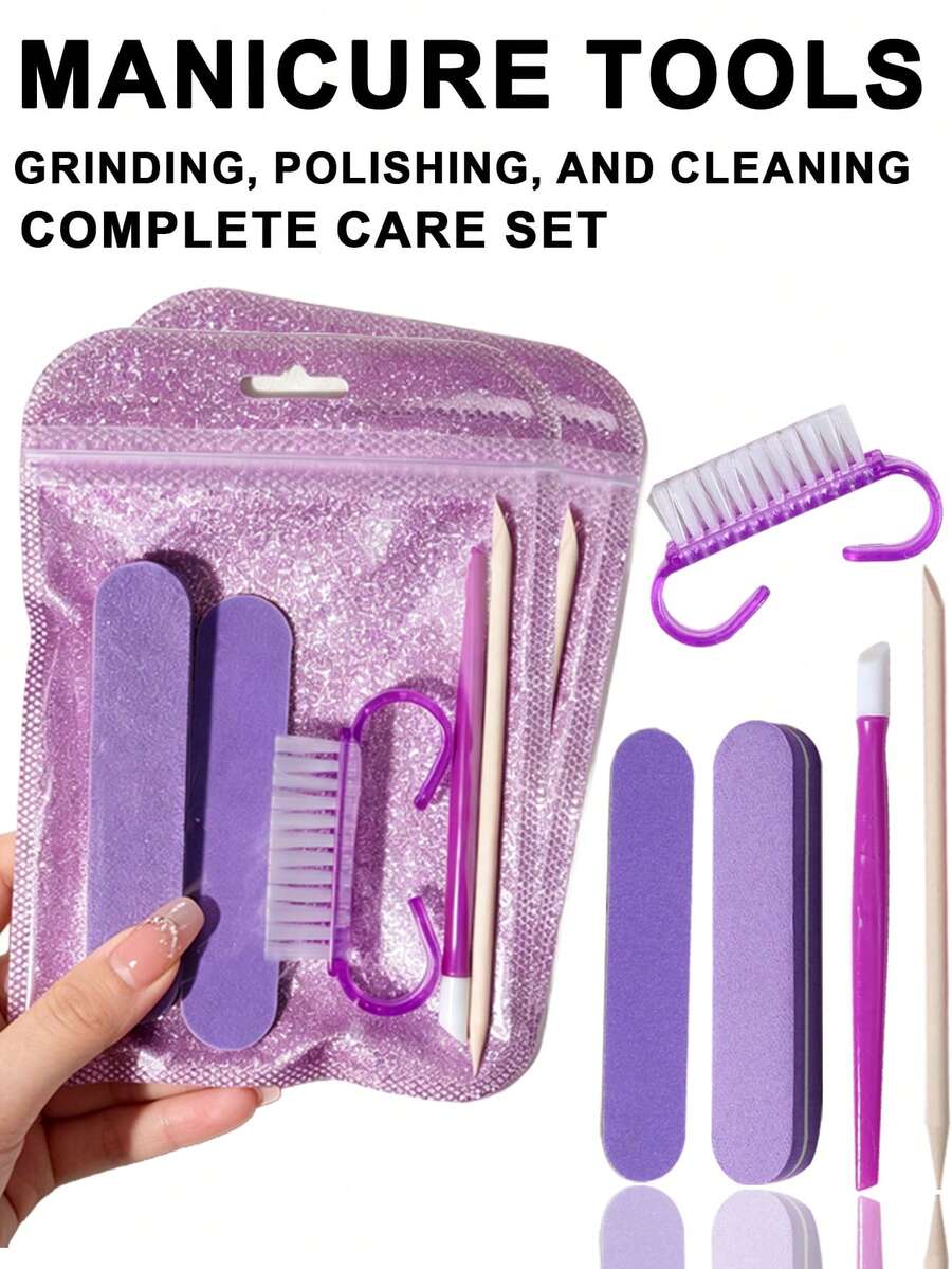 European & American Violet Series Nail Filing & Cleaning & Exfoliating Set, 5 Nail Tool Accessories Per Set, Comprehensive Filing, Cleaning & Exfoliating, Mini & Stylish, Convenient For Travel, Easy For Beginners, Suitable For Nail Art Enthusiasts, Daily Use - Violet Purple - View 1