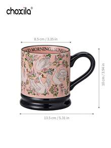choxila 1pc Cute Pink Swan Floral Print Ceramic Mug Large Capacity Coffee Cup Milk Tea Cup Decorative Breakfast Water Mug - Floral Swan Cup - View 8
