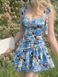 Vestido de tirantes con estampado floral romántico para mujer - Azul - Ver 1