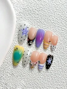 10pcs Y2K Style Handmade Press-On Nails, Polygel Nail Art Set, Star Polka Dot Stripe Color Block Design, Purple, Yellow And Brown, Minimalist Style, Includes Nail Tools, 3 Sizes Available, Almond/Duck/Coffin Shape, Suitable For Party, Dancing, Daily Wear - 彩色 - 查看 20