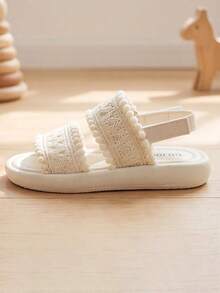 Girls Fashion Princess First Walker Sandals Open Toe Lace Hollow Out Non Slip Hook Loop Thick Soft Sole Slippers Pom Pom Summer - Beige - View 4