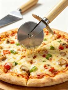 1pc/2pcs Stainless Steel Pizza Peel And Roller Knife Set, A Durable Baking Tool. A Space-Saving, Heat-Resistant Wooden-Handle Kitchen Cutting Set, Suitable For Pizza And Cake. An Excellent Practical Gift For Home Baking Enthusiasts. - Silver-wood Handle - View 9