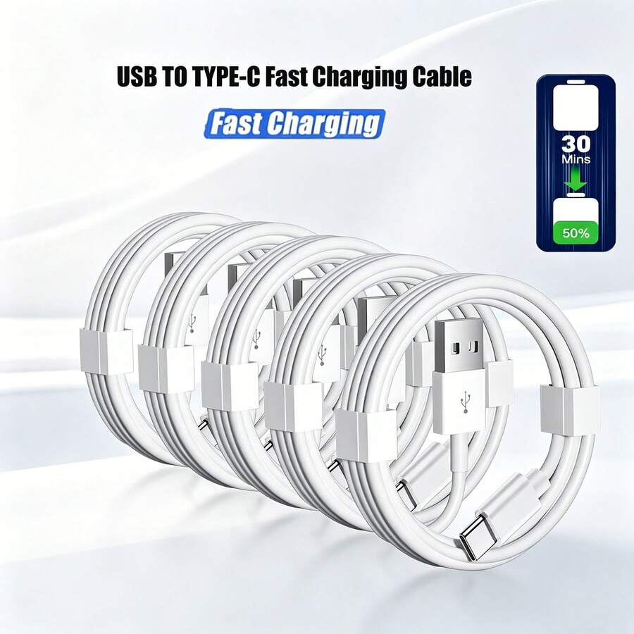 1-5 قطع كابل شحن سريع USB، 3.3 قدم/100 سم كابل نقل بيانات عالي الكفاءة وشحن سريع متوافق مع أجهزة 17/16 Pro Max/16 Pro/16 Plus/16/15/ سلسلة كابل شحن ونقل بيانات - أبيض - مشاهدة 1