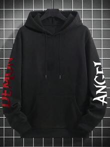 Men's Autumn/Winter High Street Double-Sided Wing Contrast Color Text Print Loose Thermal Lined Hoodie | Leading Fashion - Black - View 7