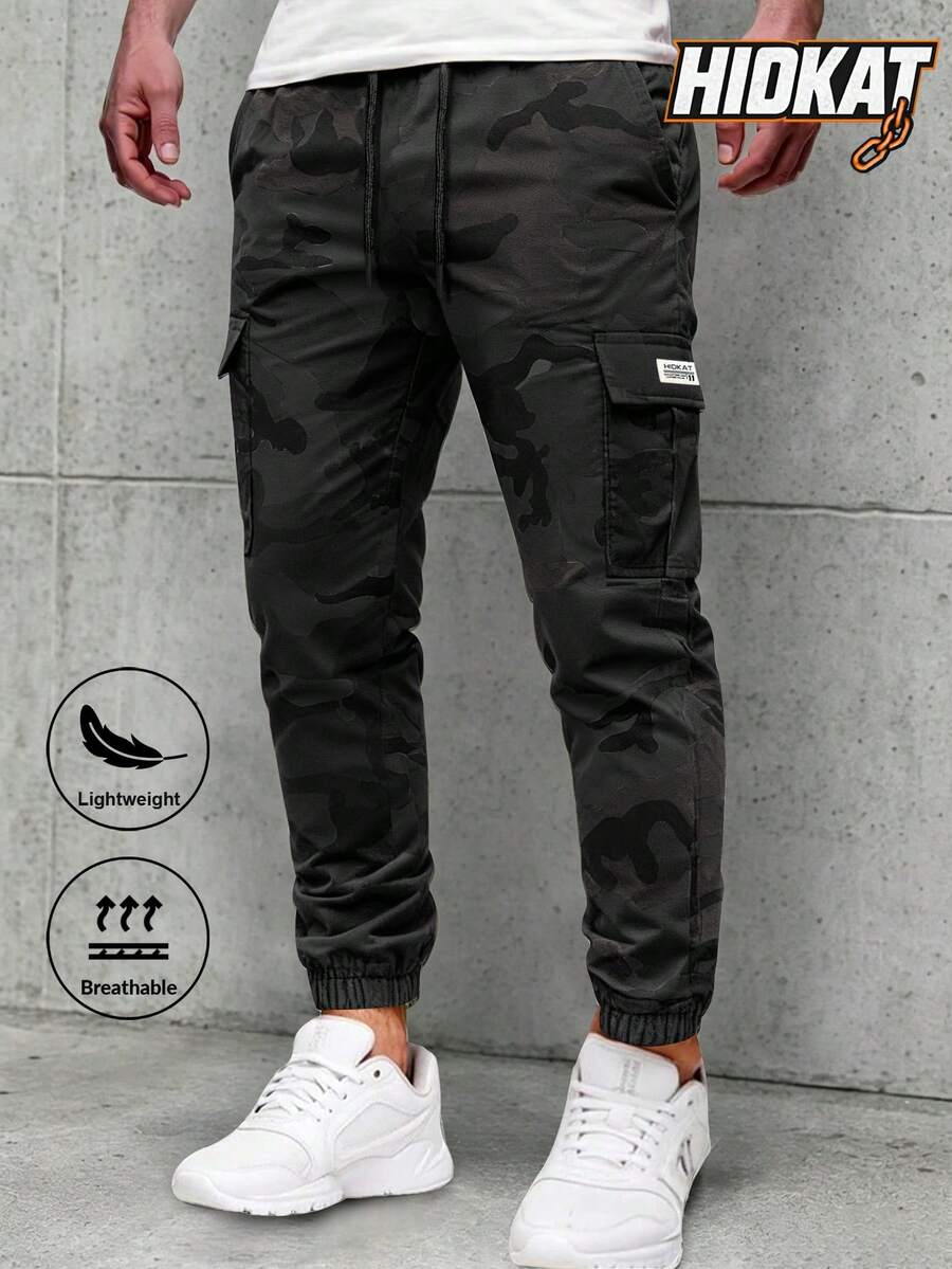 Hidkat Celana Kargo Kamuflase Tipis Ringan Pria, Desain Saku Besar, Pinggang Elastis dengan Tali Serut, Celana Jogger Bernapas untuk Aktivitas Luar Ruangan Kasual, Musim Semi/Musim Gugur