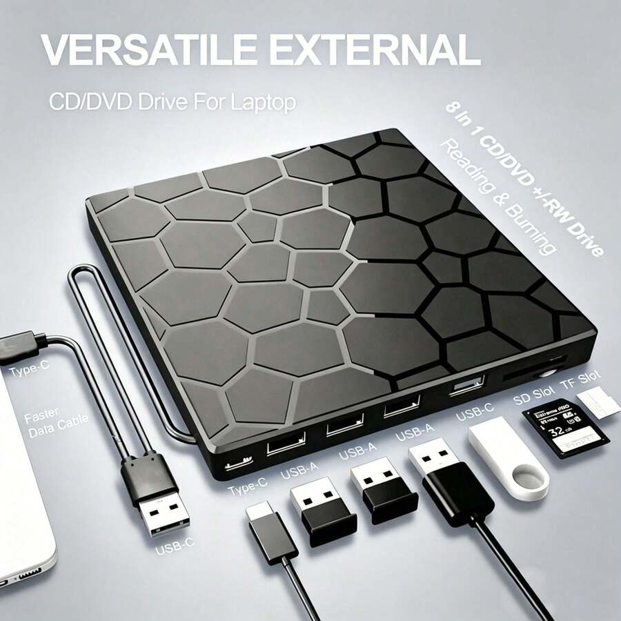8合1 USB 3.0 外接 CD/DVD 驅動器，超薄便攜式 DVD/CD 燒錄機，附 USB 集線器與 SD 讀卡機，可讀寫光碟機，適用筆記型電腦與桌上型電腦，兼容 Windows 11/10/8/7 與 Linux
