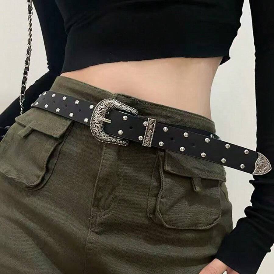 次文化原宿Y2K辣妹哥德龐克風皮革腰帶 深色重金屬扣環鉚釘女款腰帶 - A - 查看 1