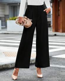 Pantalones de Pierna Ancha para Mujer, Casuales de Negocios, de Cintura Alta, Elegantes, Fluidos, para Oficina - Negro - Ver 3