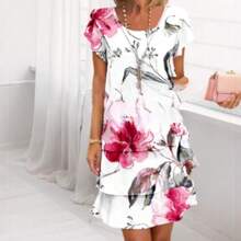 Vestido de gasa de primavera con estampado 3D de manga corta y cuello redondo de , estilo europeo y americano. - flores blanquecinas - Ver 2